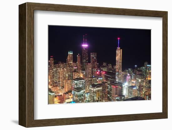 Chicago Downtown Aerial View at Night with Skyscrapers and City Skyline at Michigan Lakefront.-Songquan Deng-Framed Photographic Print