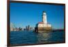 Chicago Harbor Lighthouse with skyscraper in the background, Lake Michigan, Chicago, Cook County...-null-Framed Photographic Print