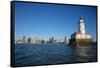 Chicago Harbor Lighthouse with skyscraper in the background, Lake Michigan, Chicago, Cook County...-Panoramic Images-Framed Stretched Canvas