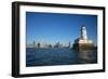 Chicago Harbor Lighthouse with skyscraper in the background, Lake Michigan, Chicago, Cook County...-Panoramic Images-Framed Photographic Print