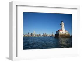 Chicago Harbor Lighthouse with skyscraper in the background, Lake Michigan, Chicago, Cook County...-Panoramic Images-Framed Photographic Print