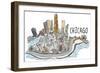 Chicago, Illinois - Cityscape - Line Drawing-Lantern Press-Framed Art Print