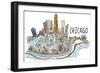 Chicago, Illinois - Cityscape - Line Drawing-Lantern Press-Framed Art Print