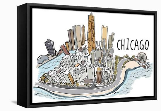 Chicago, Illinois - Cityscape - Line Drawing-Lantern Press-Framed Stretched Canvas