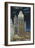 Chicago, Illinois, Exterior View of an Illuminated Tribune Tower at Night-Lantern Press-Framed Art Print