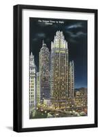 Chicago, Illinois, Exterior View of an Illuminated Tribune Tower at Night-Lantern Press-Framed Art Print