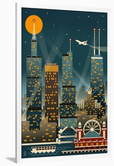 Chicago Illinois - Retro Skyline (no text) - Lantern Press Original Poster-Lantern Press-Framed Art Print