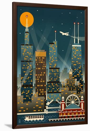 Chicago Illinois - Retro Skyline (no text) - Lantern Press Original Poster-Lantern Press-Framed Art Print