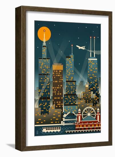 Chicago Illinois - Retro Skyline (no text) - Lantern Press Original Poster-Lantern Press-Framed Art Print