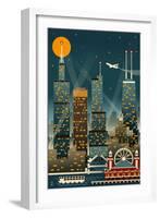 Chicago Illinois - Retro Skyline (no text) - Lantern Press Original Poster-Lantern Press-Framed Art Print