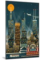 Chicago Illinois - Retro Skyline (no text) - Lantern Press Original Poster-Lantern Press-Mounted Art Print