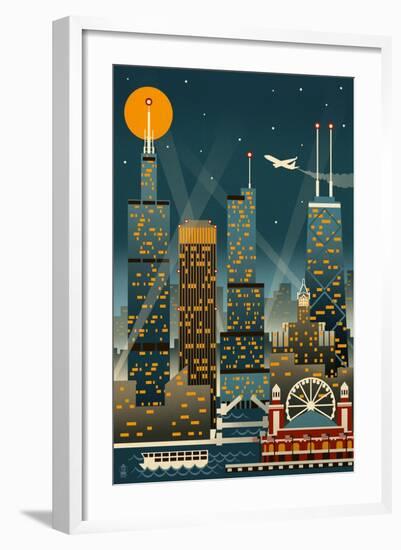 Chicago Illinois - Retro Skyline (no text) - Lantern Press Original Poster-Lantern Press-Framed Art Print