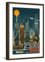 Chicago Illinois - Retro Skyline (no text) - Lantern Press Original Poster-Lantern Press-Framed Art Print