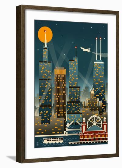 Chicago Illinois - Retro Skyline (no text) - Lantern Press Original Poster-Lantern Press-Framed Art Print