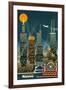 Chicago Illinois - Retro Skyline (no text) - Lantern Press Original Poster-Lantern Press-Framed Art Print