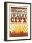 Chicago, Illinois - Skyline and Sunburst Screenprint Style-Lantern Press-Framed Art Print