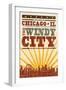 Chicago, Illinois - Skyline and Sunburst Screenprint Style-Lantern Press-Framed Art Print