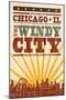 Chicago, Illinois - Skyline and Sunburst Screenprint Style-Lantern Press-Mounted Art Print