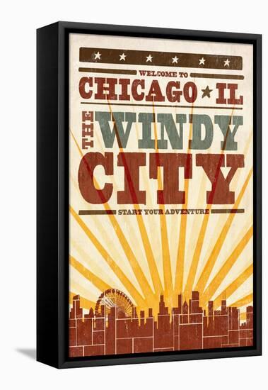 Chicago, Illinois - Skyline and Sunburst Screenprint Style-Lantern Press-Framed Stretched Canvas