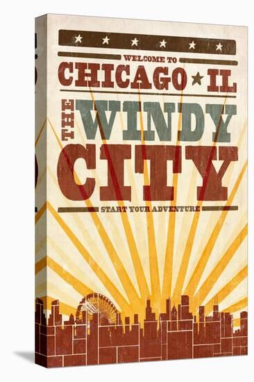 Chicago, Illinois - Skyline and Sunburst Screenprint Style-Lantern Press-Stretched Canvas