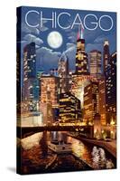 Chicago, Illinois - Skyline at Night-Lantern Press-Stretched Canvas