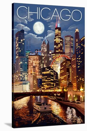 Chicago, Illinois - Skyline at Night-Lantern Press-Stretched Canvas