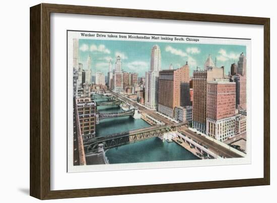 Chicago, Illinois, Southern Aerial View of Wacker Drive taken from Merchandise Mart-Lantern Press-Framed Art Print