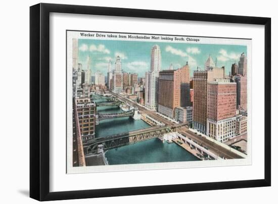 Chicago, Illinois, Southern Aerial View of Wacker Drive taken from Merchandise Mart-Lantern Press-Framed Art Print