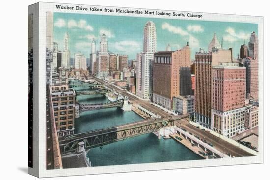 Chicago, Illinois, Southern Aerial View of Wacker Drive taken from Merchandise Mart-Lantern Press-Stretched Canvas