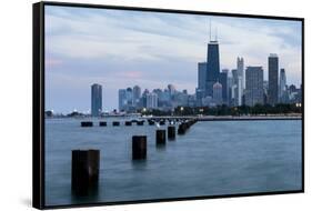 Chicago, Illinois, USA, Seagulls sit atop metal pylons in the waters of Lake Michigan.-Brent Bergherm-Framed Stretched Canvas