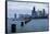 Chicago, Illinois, USA, Seagulls sit atop metal pylons in the waters of Lake Michigan.-Brent Bergherm-Framed Stretched Canvas