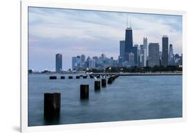 Chicago, Illinois, USA, Seagulls sit atop metal pylons in the waters of Lake Michigan.-Brent Bergherm-Framed Photographic Print