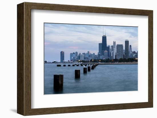 Chicago, Illinois, USA, Seagulls sit atop metal pylons in the waters of Lake Michigan.-Brent Bergherm-Framed Photographic Print