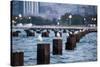 Chicago, Illinois, USA, Seagulls sit atop metal pylons in the waters of Lake Michigan.-Brent Bergherm-Stretched Canvas