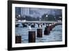 Chicago, Illinois, USA, Seagulls sit atop metal pylons in the waters of Lake Michigan.-Brent Bergherm-Framed Photographic Print