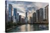 Chicago, Illinois, USA. The Chicago River with boats.-Brent Bergherm-Stretched Canvas