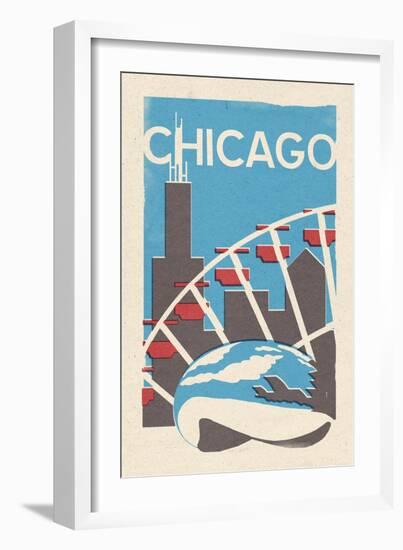 Chicago, Illinois - Woodblock-Lantern Press-Framed Art Print