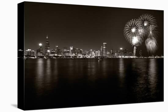 Chicago Lakefront Skyline With Fireworks BW-Steve Gadomski-Stretched Canvas