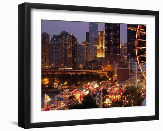 Chicago Navy Pier and Skyline at Night, Chicago, Illinois, Usa-Alan Klehr-Framed Photographic Print