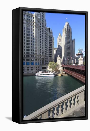 Chicago River and Dusable Bridge with Wrigley Building and Tribune Tower, Chicago, Illinois, USA-Amanda Hall-Framed Stretched Canvas