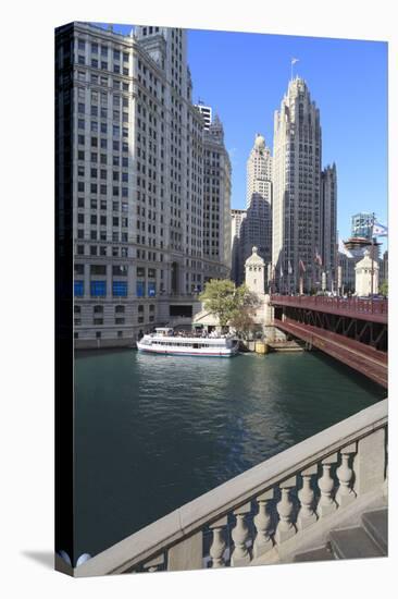 Chicago River and Dusable Bridge with Wrigley Building and Tribune Tower, Chicago, Illinois, USA-Amanda Hall-Stretched Canvas
