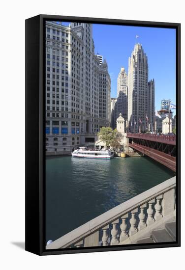 Chicago River and Dusable Bridge with Wrigley Building and Tribune Tower, Chicago, Illinois, USA-Amanda Hall-Framed Stretched Canvas