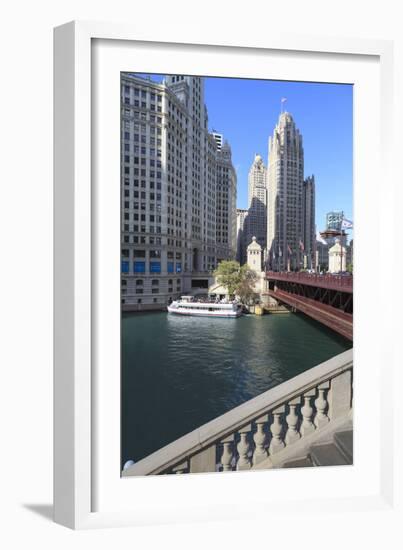 Chicago River and Dusable Bridge with Wrigley Building and Tribune Tower, Chicago, Illinois, USA-Amanda Hall-Framed Photographic Print