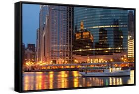 Chicago River and Skyline at Dusk in Summer with Boats-Alan Klehr-Framed Stretched Canvas