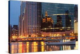 Chicago River and Skyline at Dusk in Summer with Boats-Alan Klehr-Stretched Canvas