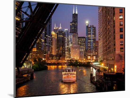 Chicago River and Skyline at Dusk with Boat-Alan Klehr-Mounted Photographic Print