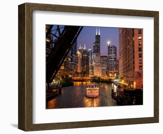 Chicago River and Skyline at Dusk with Boat-Alan Klehr-Framed Photographic Print