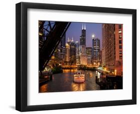 Chicago River and Skyline at Dusk with Boat-Alan Klehr-Framed Photographic Print