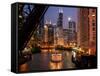 Chicago River and Skyline at Dusk with Boat-Alan Klehr-Framed Stretched Canvas
