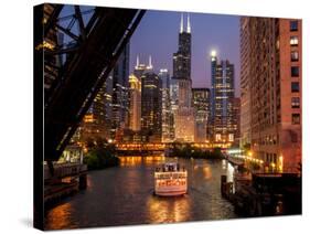 Chicago River and Skyline at Dusk with Boat-Alan Klehr-Stretched Canvas